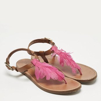 Brown/Pink Feather and Leather Flat Sandals