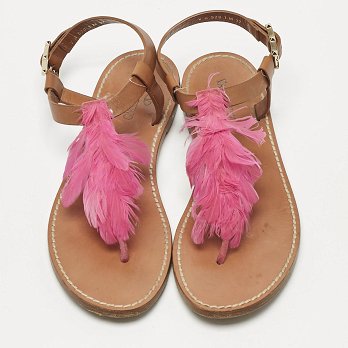 Brown/Pink Feather and Leather Flat Sandals