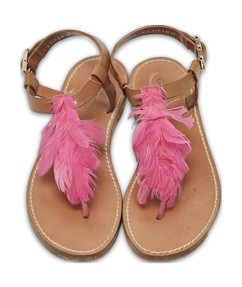 Brown/Pink Feather and Leather Flat Sandals