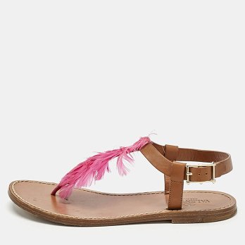 Brown/Pink Feather and Leather Flat Sandals