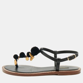 Black Lizard Embossed Leather Embellished Thong Flats