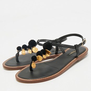 Black Lizard Embossed Leather Embellished Thong Flats