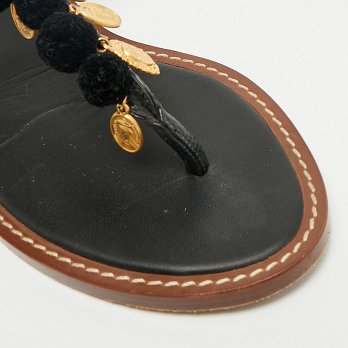 Black Lizard Embossed Leather Embellished Thong Flats