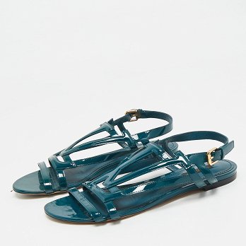 Dark Green Patent Leather Crossing Logo Flat Sandals