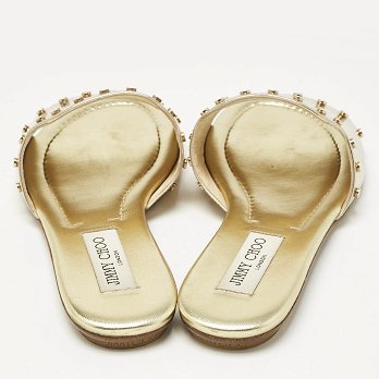 Jimmy Choo Gold Patent Leather Nanda Flat Slides Size 38.5