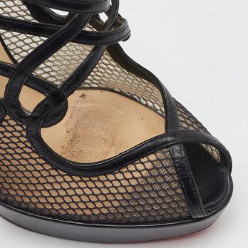 Black Leather and Mesh Strappy Platform Slingback Sandals