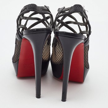 Black Leather and Mesh Strappy Platform Slingback Sandals