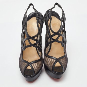 Black Leather and Mesh Strappy Platform Slingback Sandals