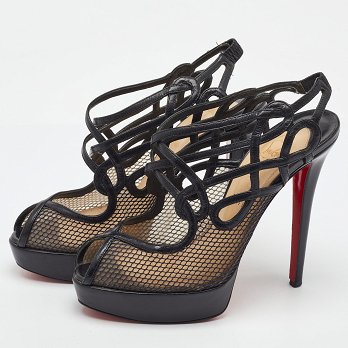 Black Leather and Mesh Strappy Platform Slingback Sandals