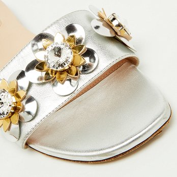 Silver Leather Flowerland Embellished Flat Slide Sandals