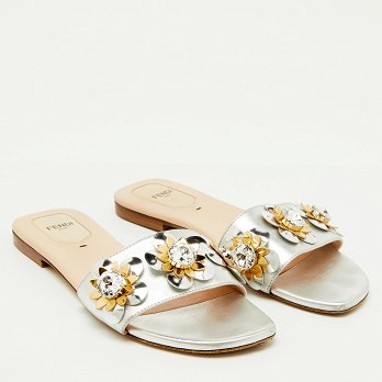 Silver Leather Flowerland Embellished Flat Slide Sandals