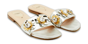 Silver Leather Flowerland Embellished Flat Slide Sandals