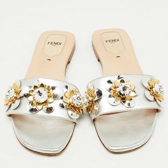 Silver Leather Flowerland Embellished Flat Slide Sandals
