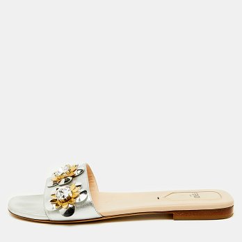 Silver Leather Flowerland Embellished Flat Slide Sandals