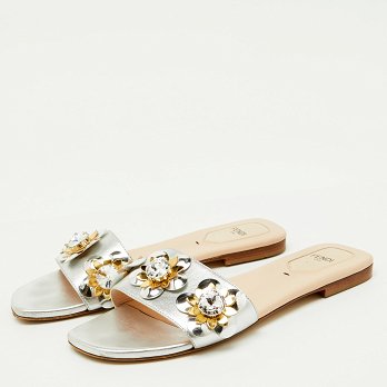 Silver Leather Flowerland Embellished Flat Slide Sandals