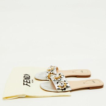 Silver Leather Flowerland Embellished Flat Slide Sandals