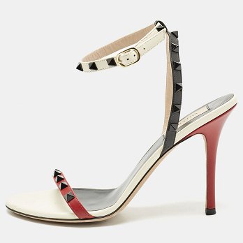 Tricolor Leather Rockstud Ankle Strap Sandals