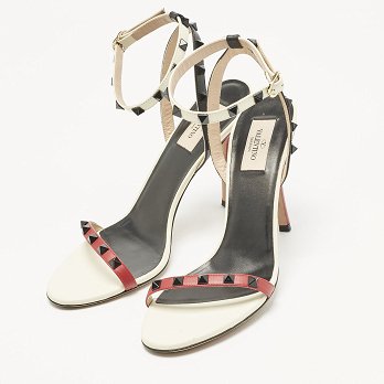 Tricolor Leather Rockstud Ankle Strap Sandals