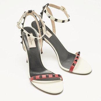Tricolor Leather Rockstud Ankle Strap Sandals