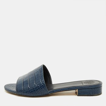 Navy Blue Croc Embossed Leather Martine Flat Slide Sandals