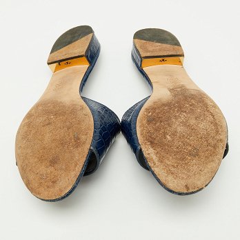 Navy Blue Croc Embossed Leather Martine Flat Slide Sandals