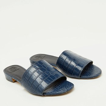 Navy Blue Croc Embossed Leather Martine Flat Slide Sandals