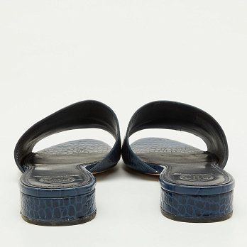 Navy Blue Croc Embossed Leather Martine Flat Slide Sandals