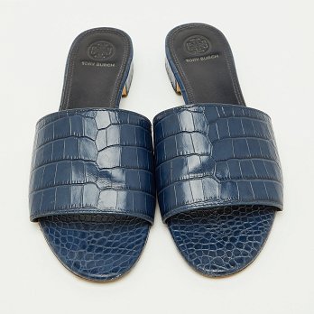 Navy Blue Croc Embossed Leather Martine Flat Slide Sandals