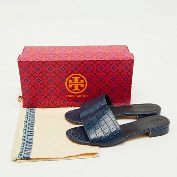 Navy Blue Croc Embossed Leather Martine Flat Slide Sandals