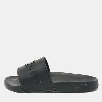 Black Rubber Logo Flat Slide Sandals