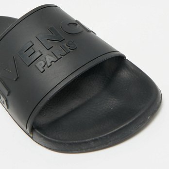 Black Rubber Logo Flat Slide Sandals