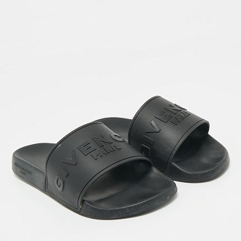 Black Rubber Logo Flat Slide Sandals