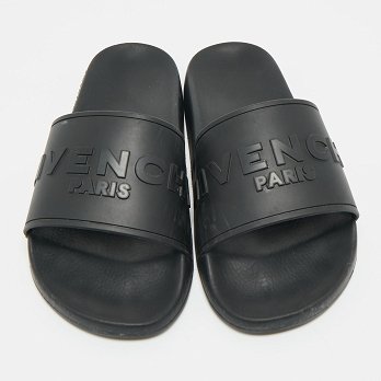 Black Rubber Logo Flat Slide Sandals
