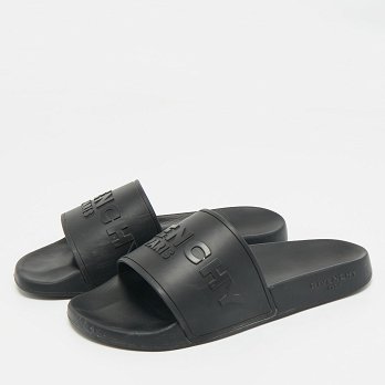 Black Rubber Logo Flat Slide Sandals