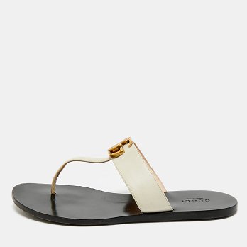 Cream Leather GG Marmont Thong Slide Flats