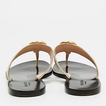 Cream Leather GG Marmont Thong Slide Flats