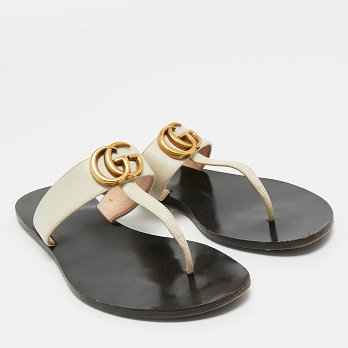 Cream Leather GG Marmont Thong Slide Flats