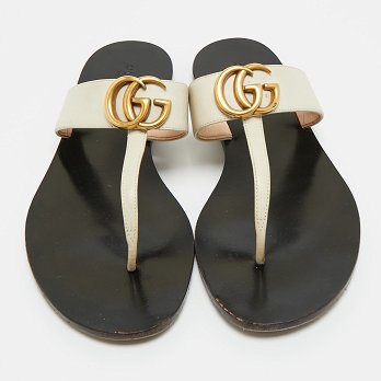 Cream Leather GG Marmont Thong Slide Flats
