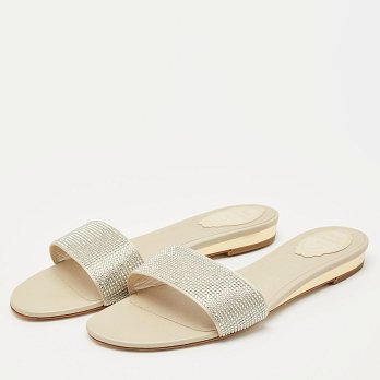 Light Gold Satin Crystals Embellished Flat Slides