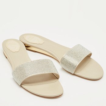 Light Gold Satin Crystals Embellished Flat Slides