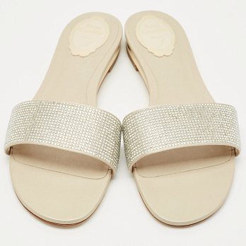 Light Gold Satin Crystals Embellished Flat Slides