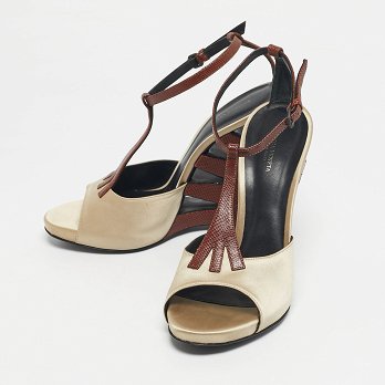 Beige/Silver Lizard Embossed Leather and Satin Wedge Sandals