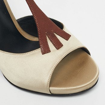 Beige/Silver Lizard Embossed Leather and Satin Wedge Sandals