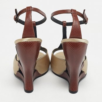 Beige/Silver Lizard Embossed Leather and Satin Wedge Sandals