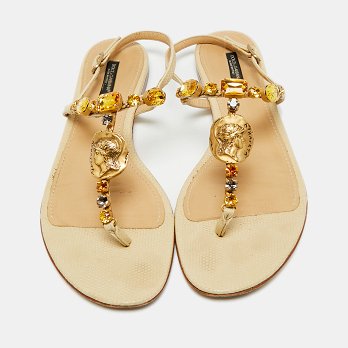 Beige Lizard Embossed Leather Crystal Embellished Thong Flat Sandals