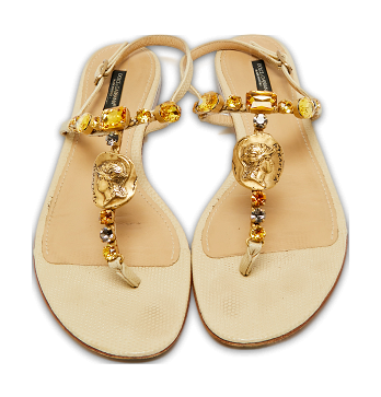 Beige Lizard Embossed Leather Crystal Embellished Thong Flat Sandals
