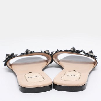 Black Patent Leather Flower Stud Flat Slides