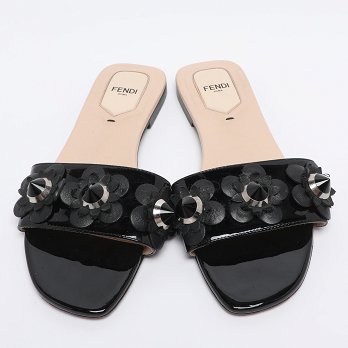 Black Patent Leather Flower Stud Flat Slides