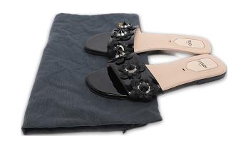 Black Patent Leather Flower Stud Flat Slides
