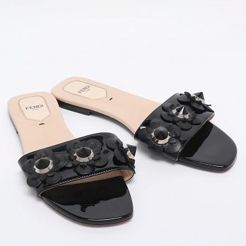 Black Patent Leather Flower Stud Flat Slides
